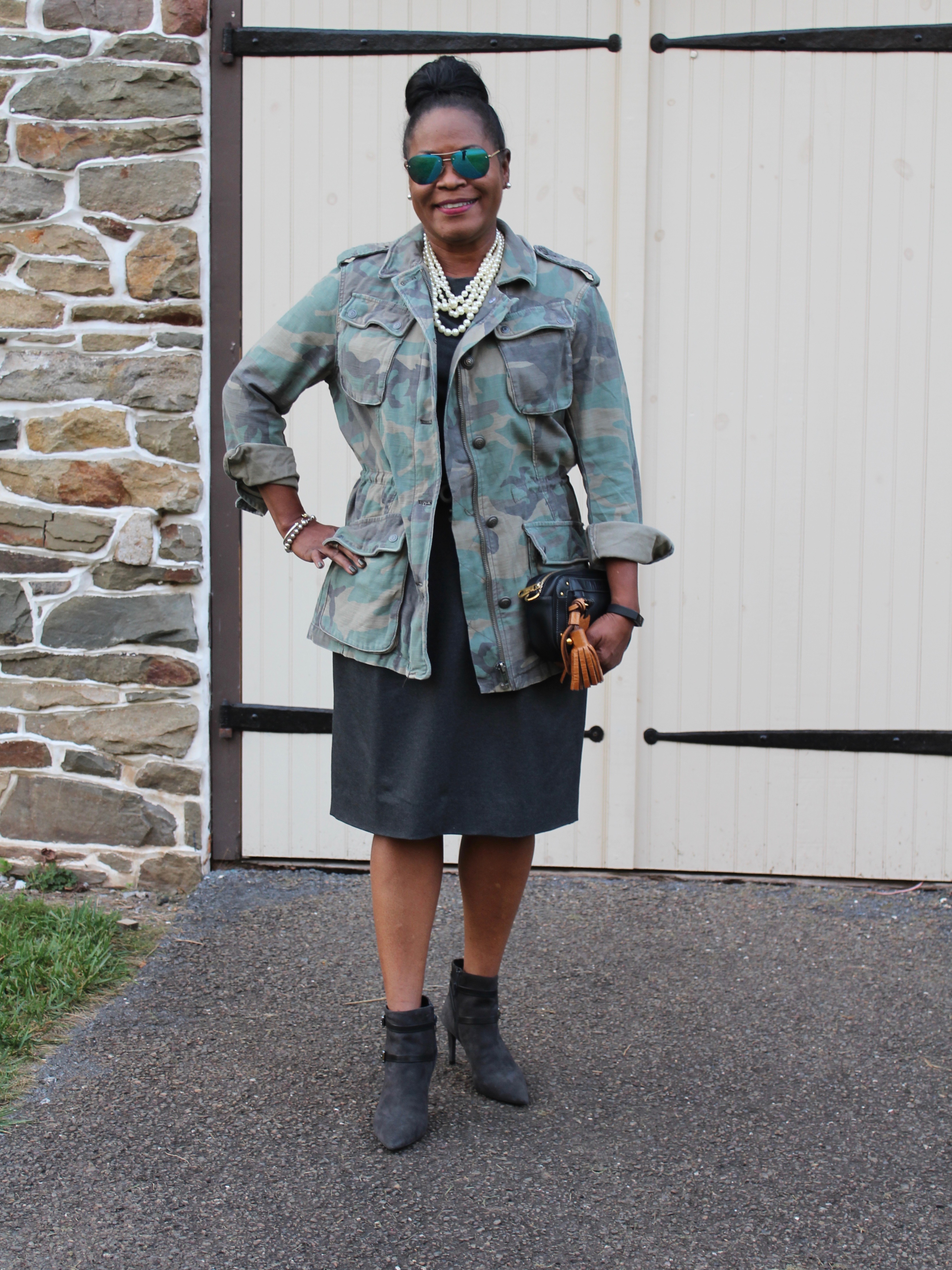 Wearing: Free People Not Your Bros. Camouflage Miltary Jacket, old Lafayette 148 New York Grey Wool Dress, Michael Micheal Kors Grey Fawn Suede Booties with vintage Chloé.