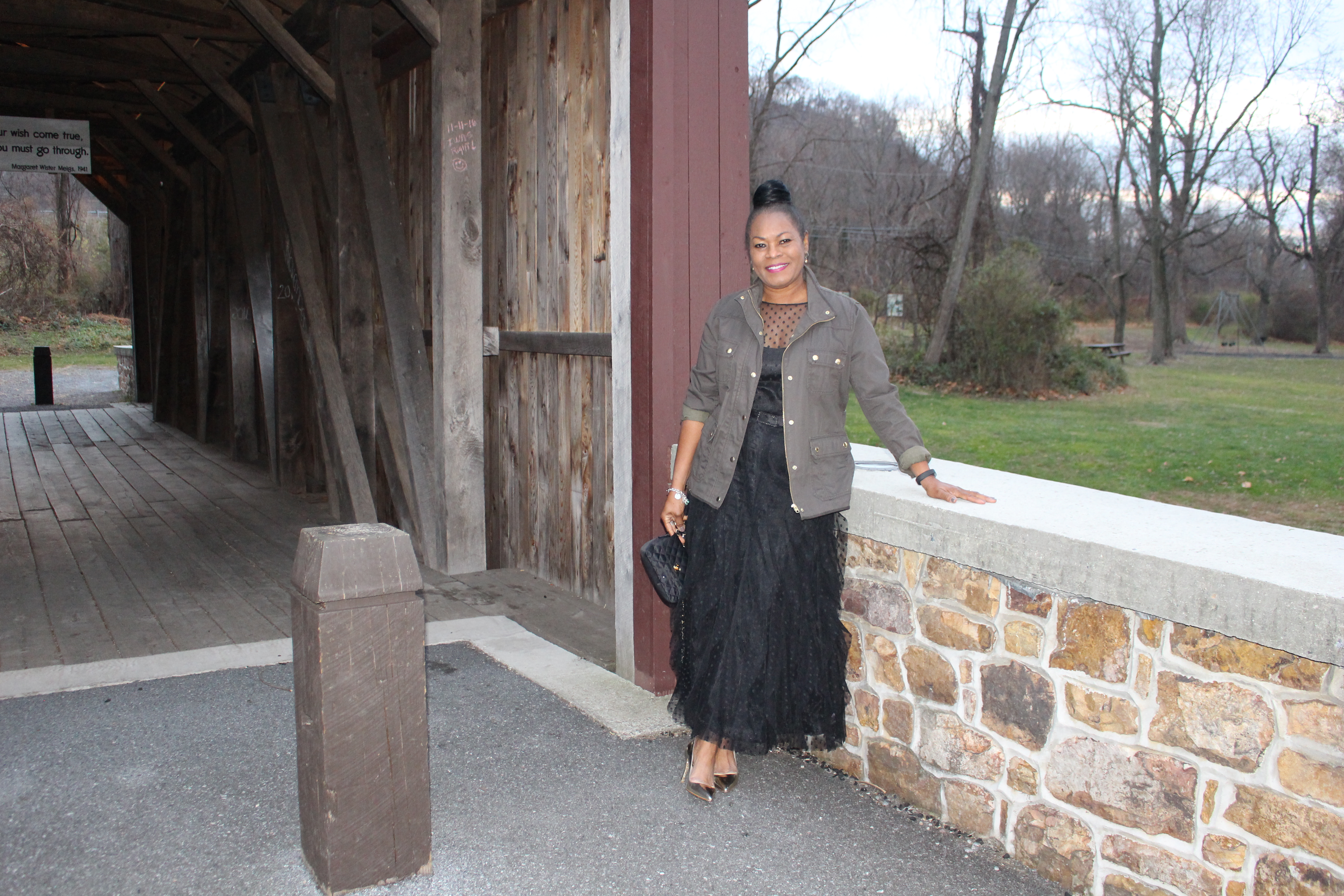 My Paris Trip was "'S Marvelous." Location: Everhart Covered Bridge at Fort Hunter. Wearing: J. Crew Barn Jacket, Teri Jon Black Gown, Mui Mui metallic pumps with Chanel quilted satin mini.