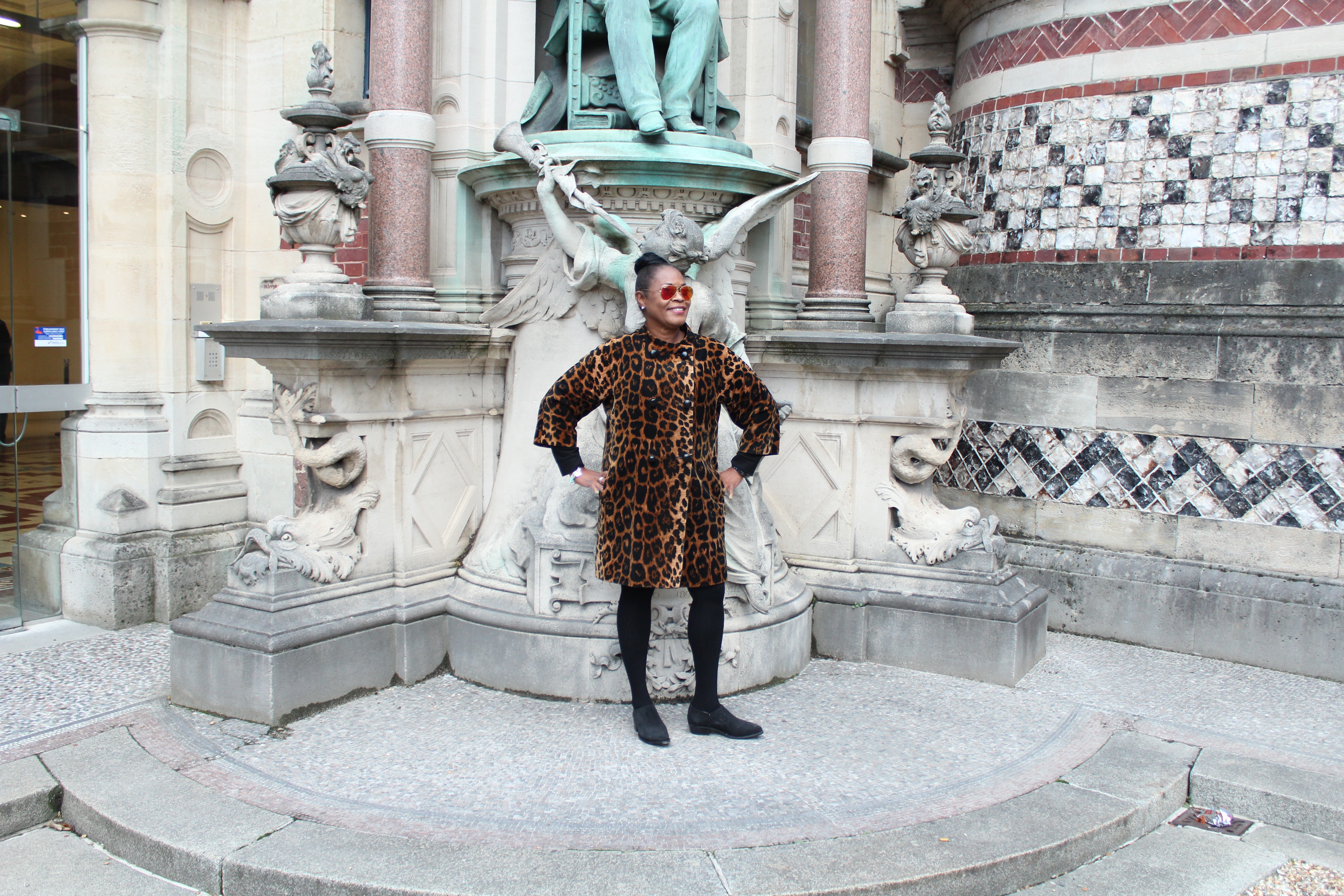 My Paris Trip, "'S Marvelous." Location: Fecamp, Benedictine Abbey. Wearing: Talbot's 2012 Leopard-print Velevt print 3/4 jacket, Random knit skirt, J. Crew Wool Sweater with Frye Company Shooite.