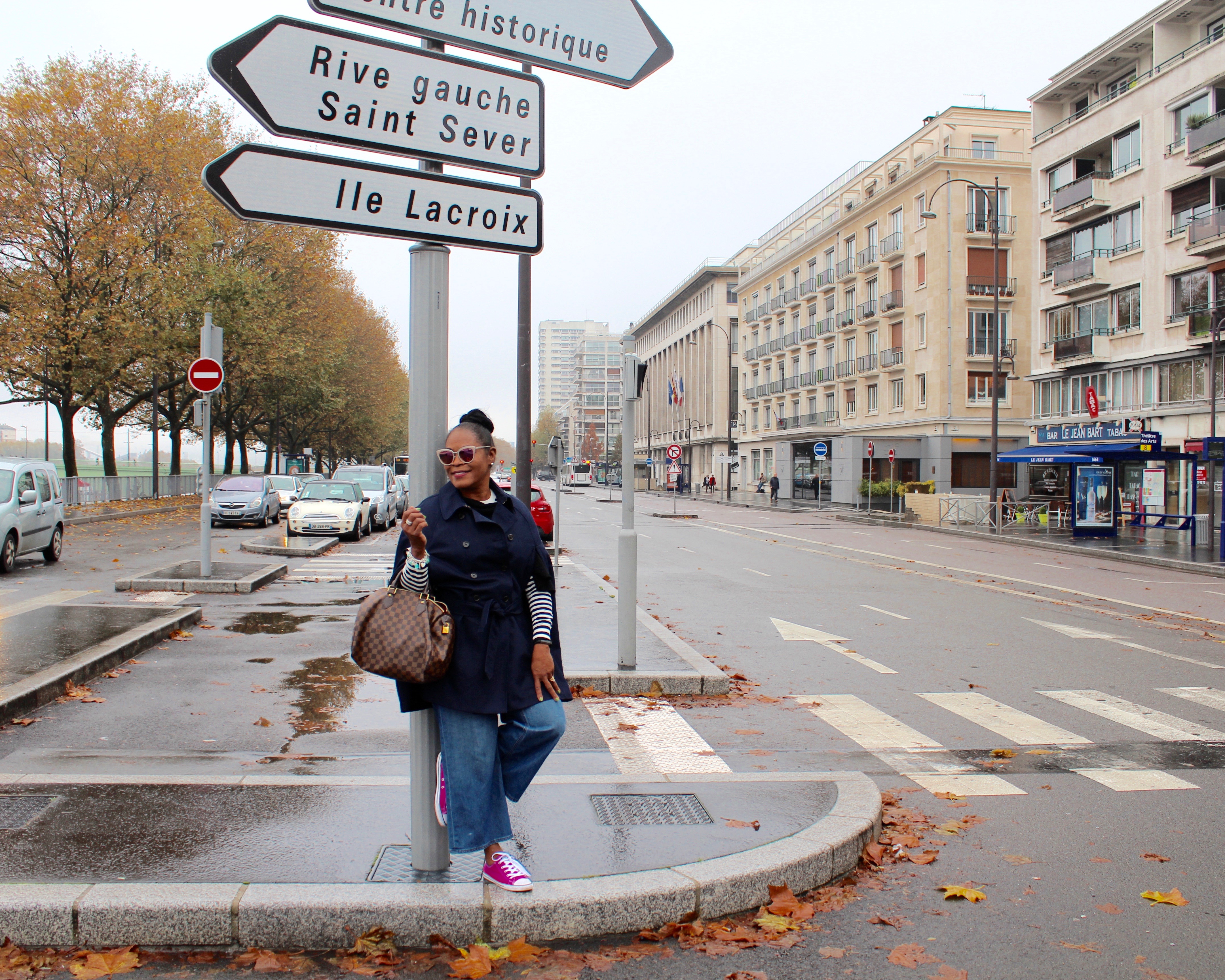 My Paris Trip, "'S Marvelous." Location: Rouen, France. Wearing: J. Crew navy cape, Target Style striped crew sweater, J. Crew Rayner Jean, Converse Dainty Pink Chucks and my Louie Speedy.