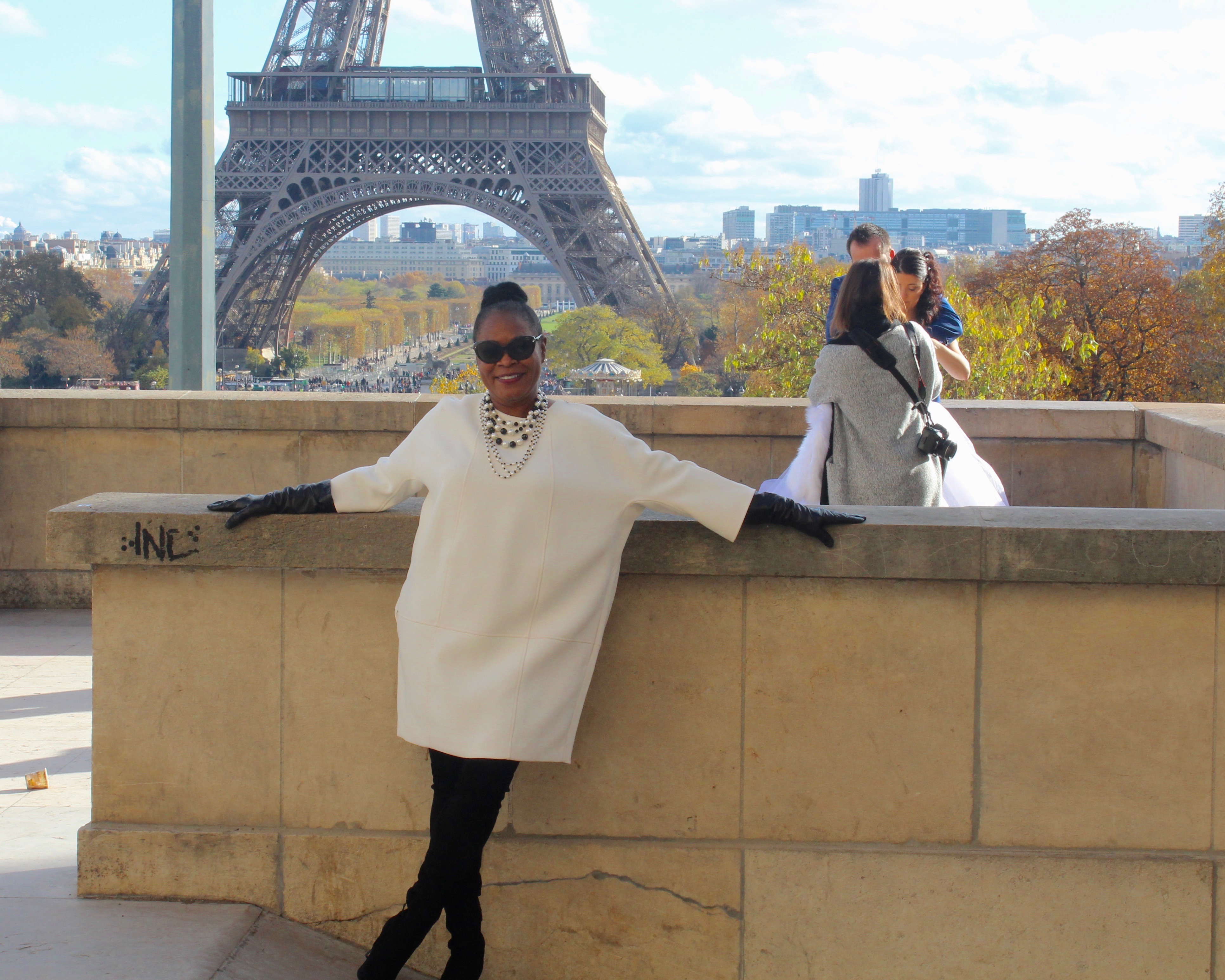 My Paris Trip, "'S Marvelous." Location: Trocadero area near Eiffel Tower. Wearing last year's Banan Republic wool oversized dress, Cole Haan suede black over-the-knee boots with black and white pearls.