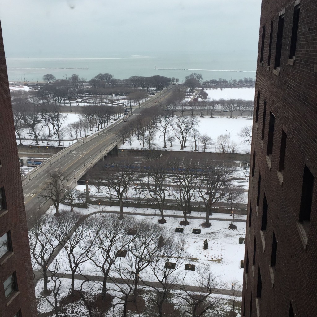 View from 19th floor of the HItlon Hotel on Michigan Avenue in Chicago.