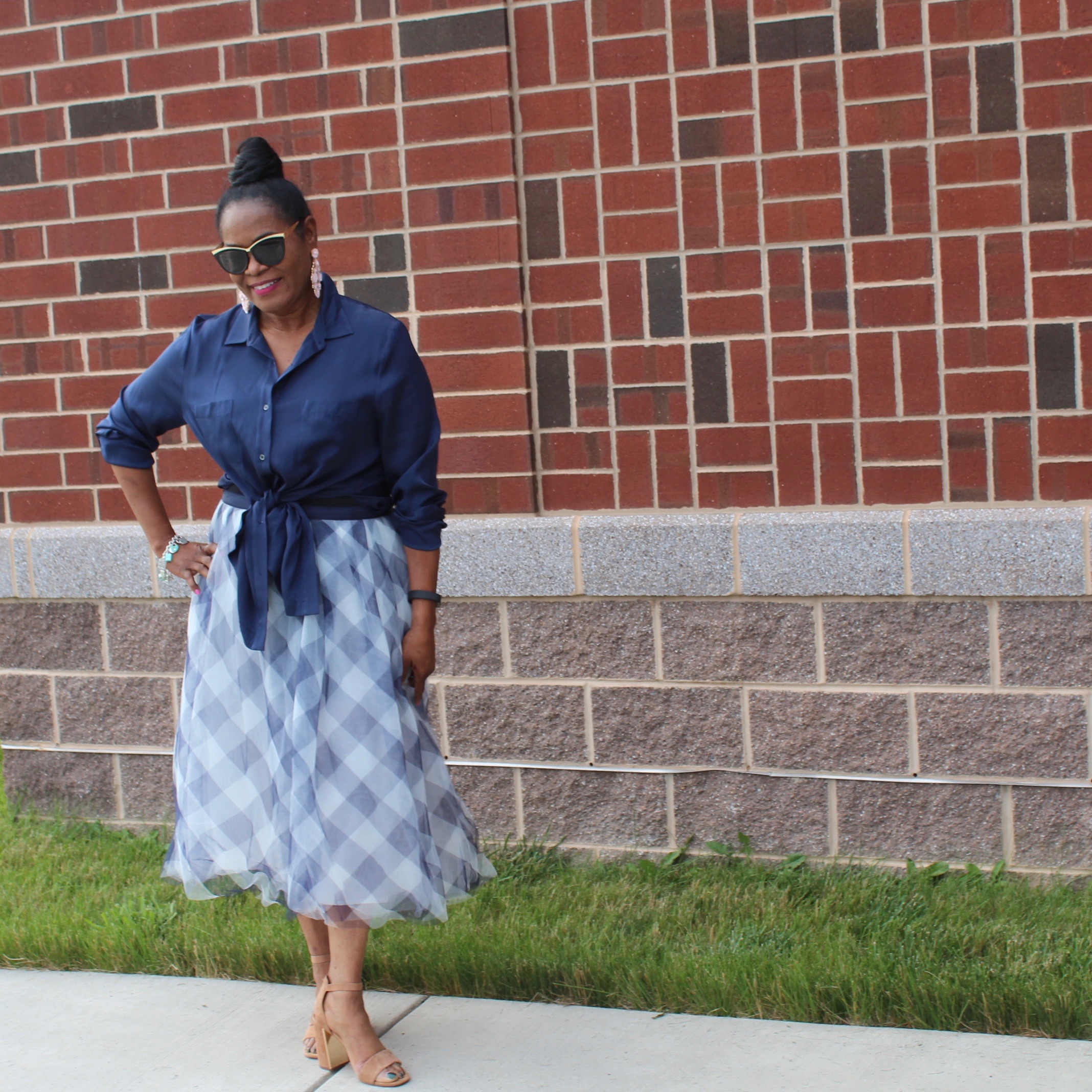 J. Crew Tulle Skirt with Repeat Button down Navy Silk Blouse and my sensitive bladder