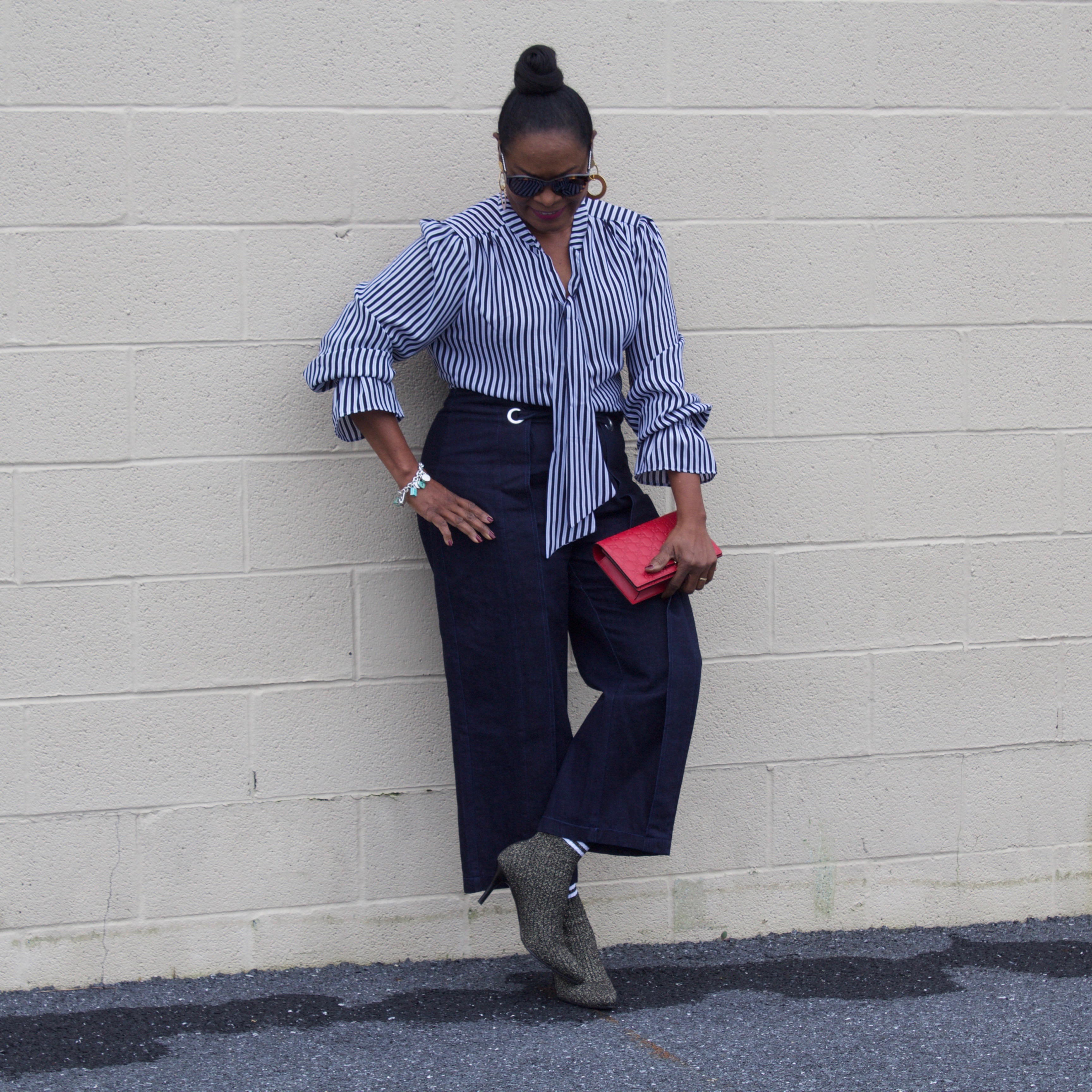 Have You Tried The New RoC Retinol Correxion Max Daily Hydration Creme; ASOS denim wide leg pants and ASOS Warehouse Co. Stripe Blouse