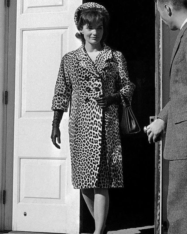Jacqueline Kennedy Wearing Oleg Cassini Leopard Print Coat in 1962