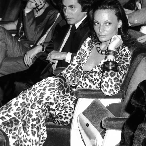 DVF wearing her iconic wrap dress in 19802