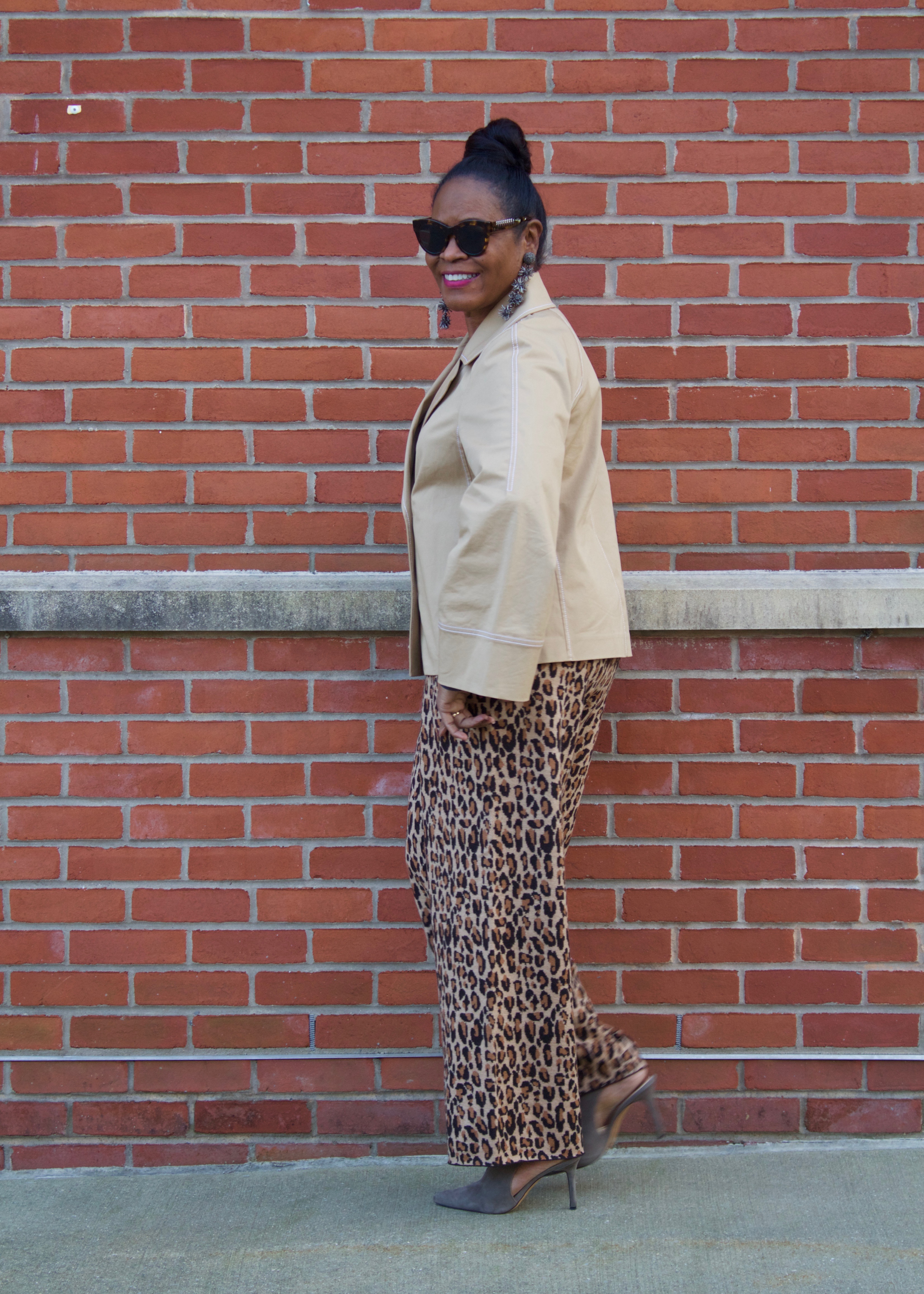 The Fashionably On Time Pauline Trigère and me wearing Demylee J.Crew Leopard Wide Leg Pants and Lafayette 148 Asher Crop Coat