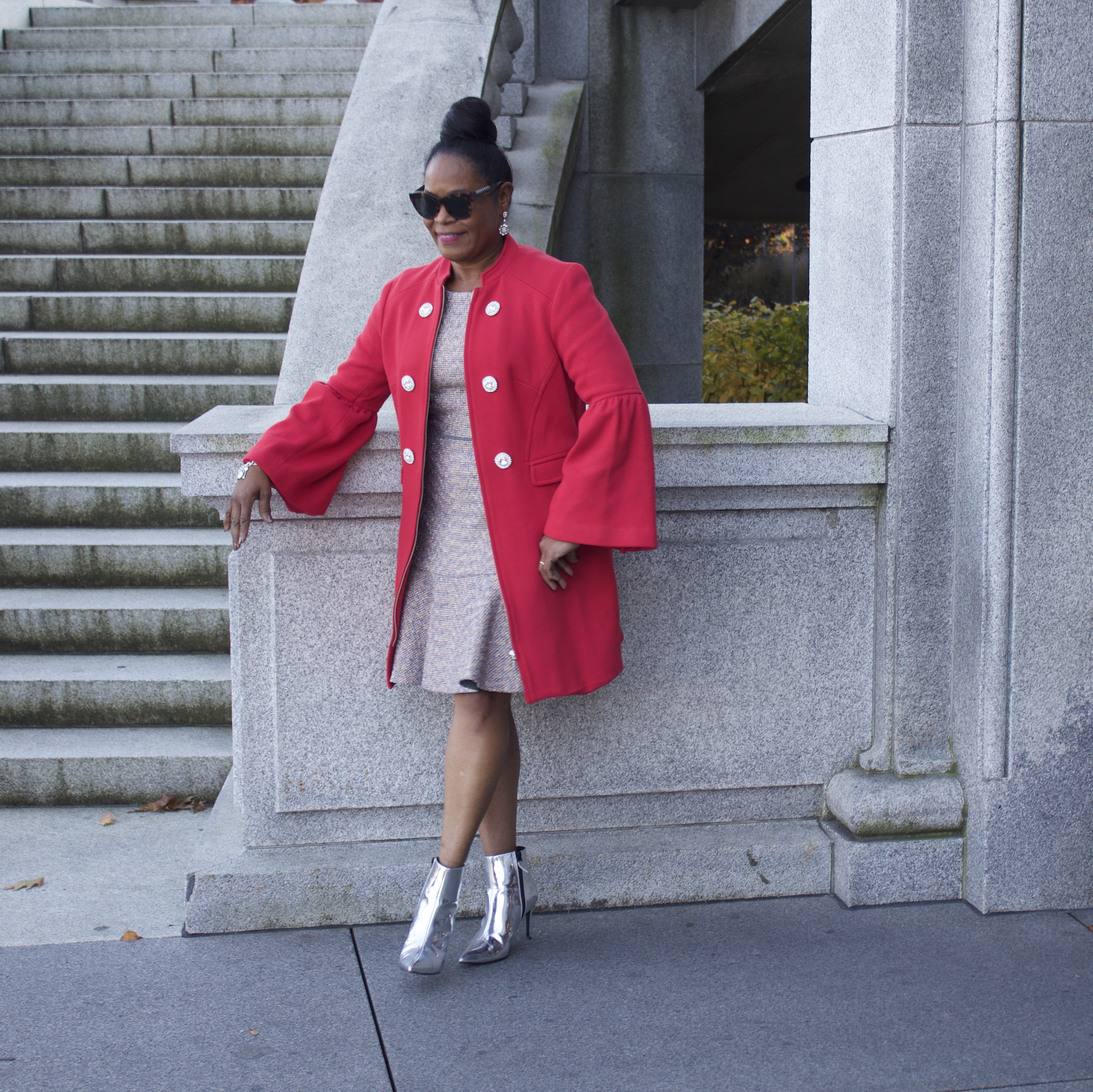 Red Coat with Silver Metallic Booties