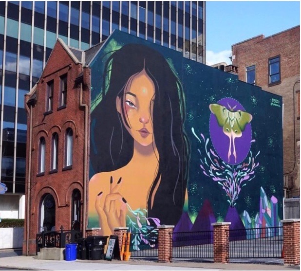 The Plum, Downtown Harrisburg with Vera Primavera Mural on side of the building