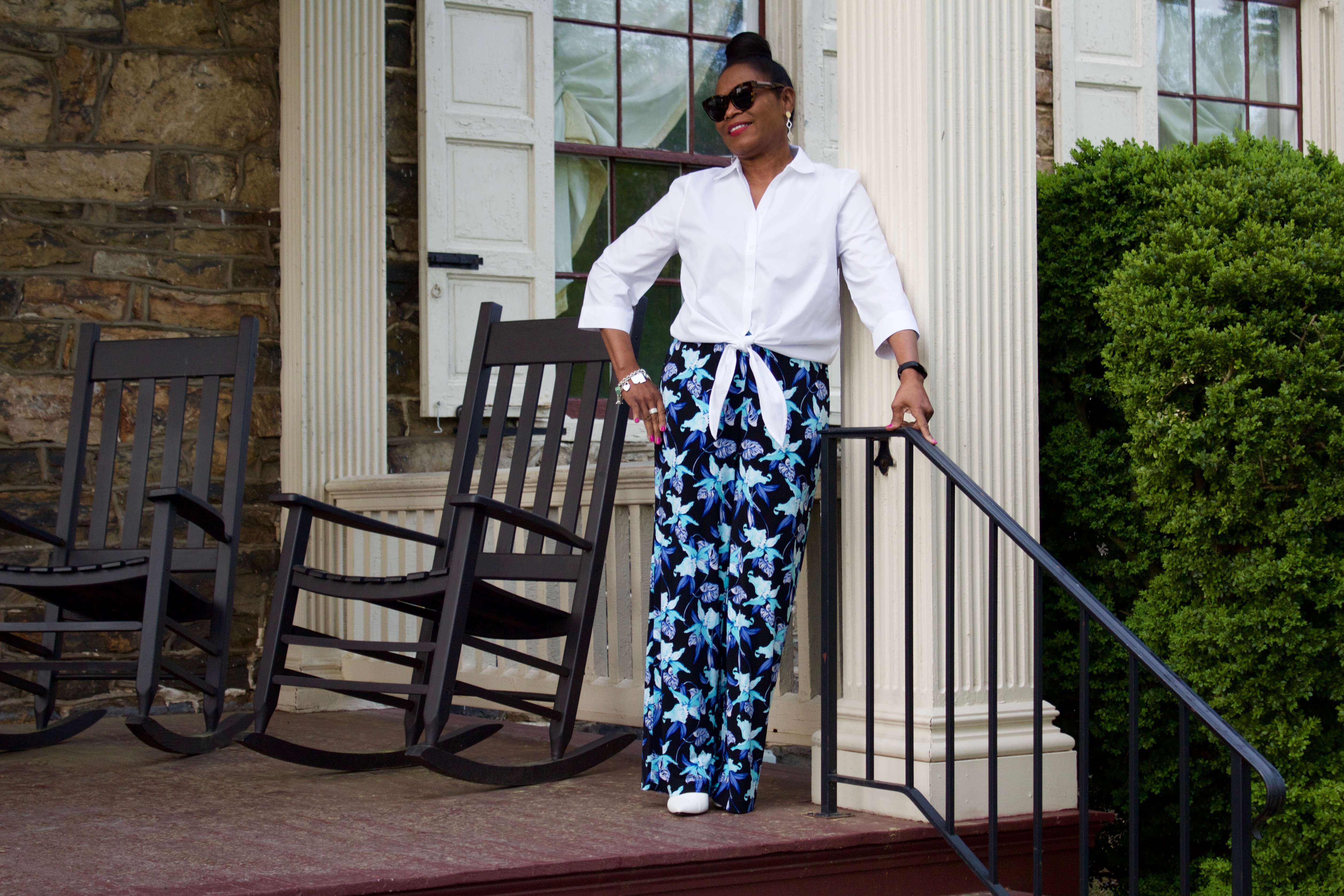 Chico's Off The Rack Lorena Tie-Front White Shirt with Tropical Palazzo Pants