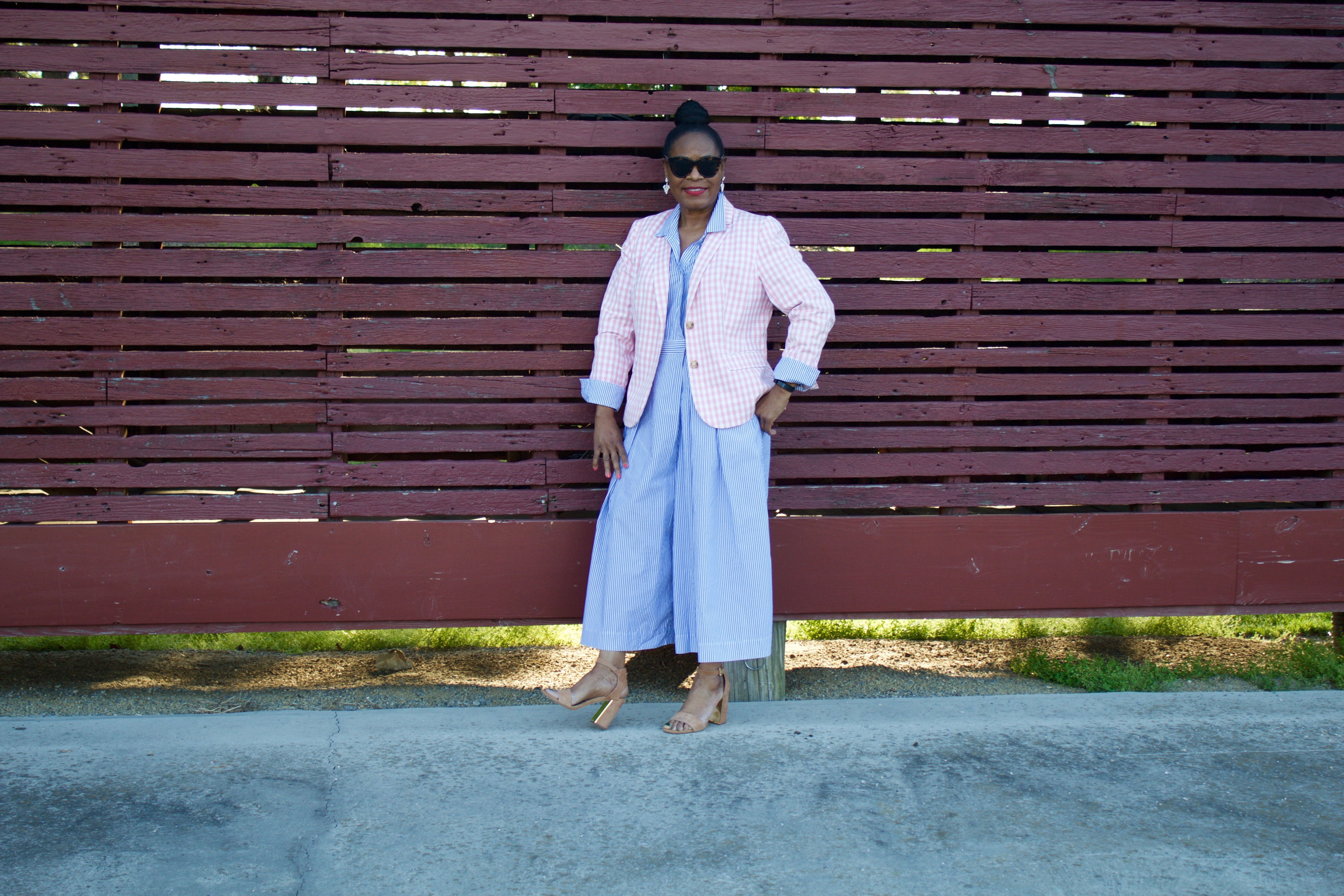 Print Mixing and Matching with Talbot's Pink Gingham Jacket mixing with J. Crew Wide-Leg Striped Jumpsuit