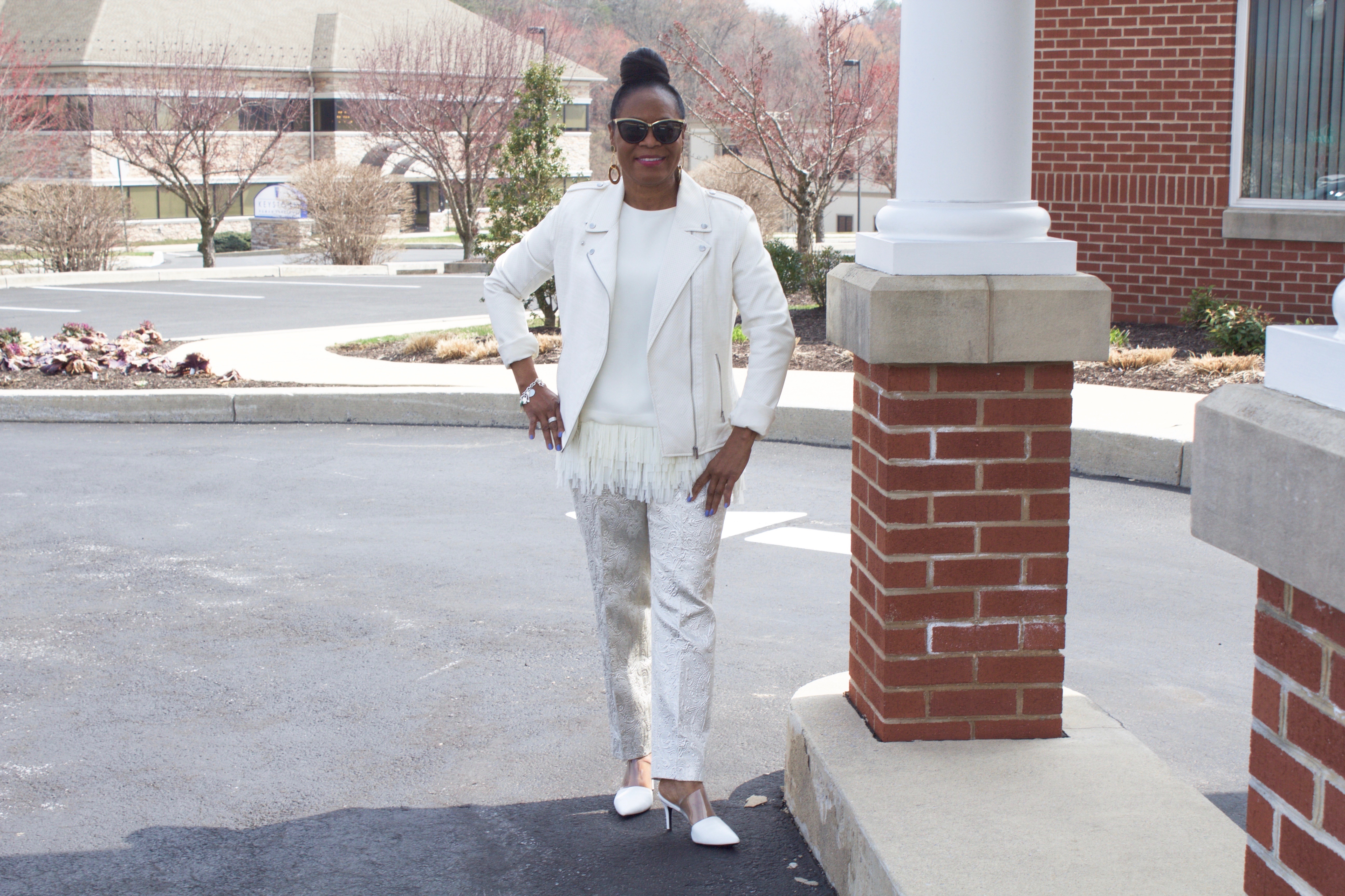 Costume Designer Ruth E. Carter, Happy BIrthday, White Moto Jacket over White Fringe Top and White Brocade Pants with White Mules