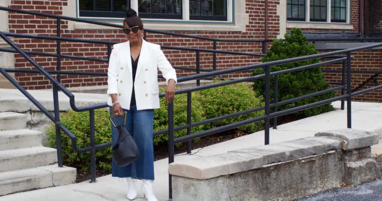 Fall Transition Pieces: White Double-Breasted Blazer With Jeans