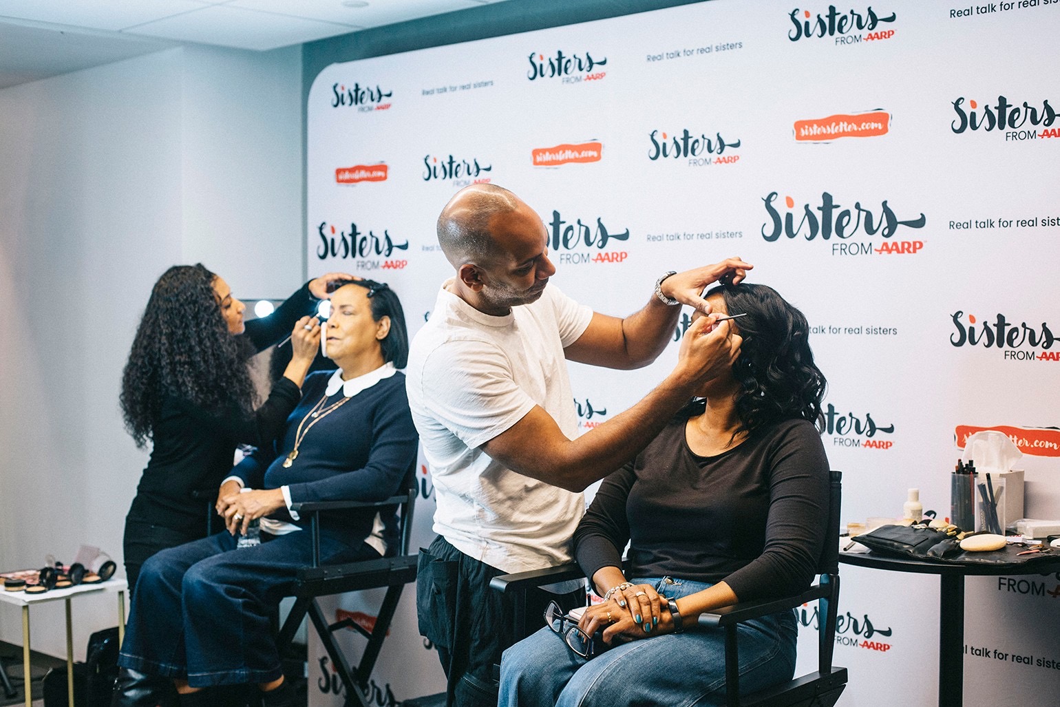 Celebrity MakeUp Artist, Sam Fine and his assistant Lisa at AARP Sisterhood Is Beautiful Makeover Contest