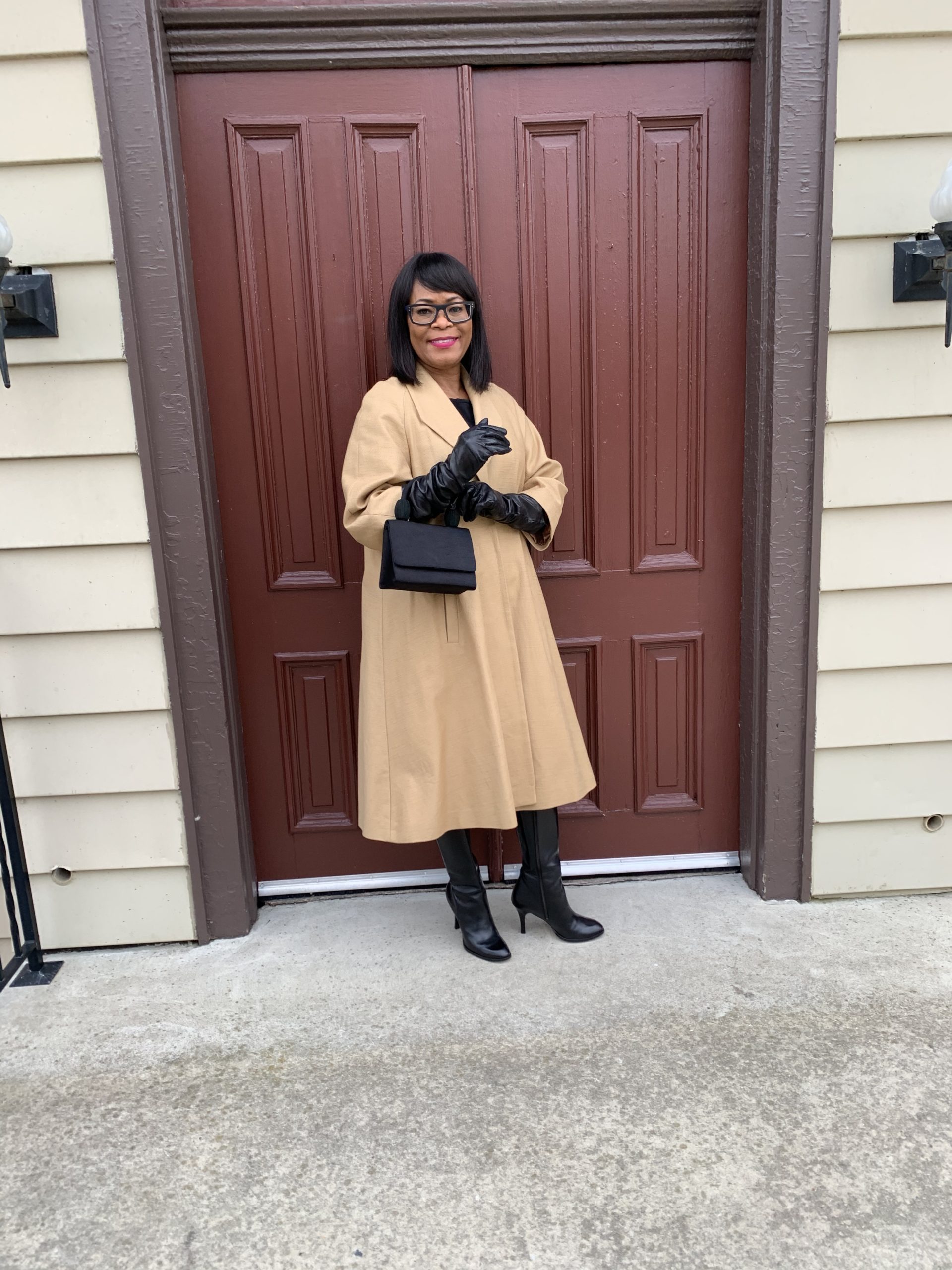 Lady-Like Accessories -long leather gloves and matching black purse and boots
