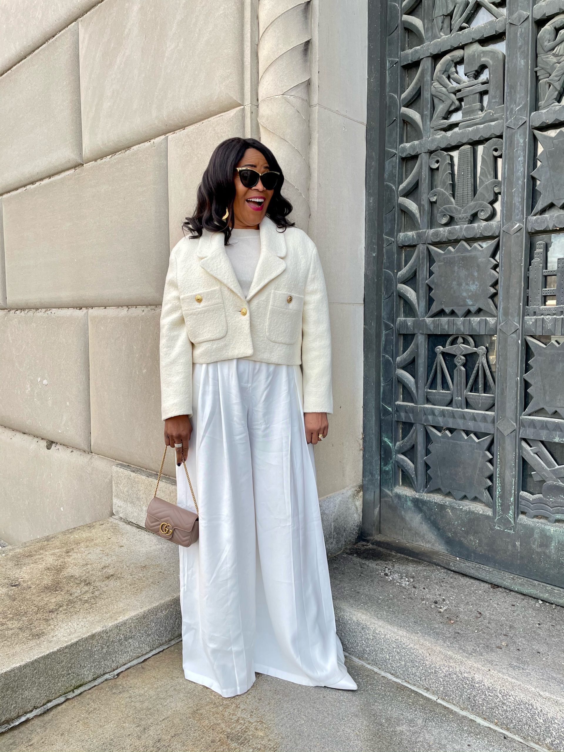 Zara Cropped Blazer in White with On and Off the Runway High-waisted Wide Leg White Pants