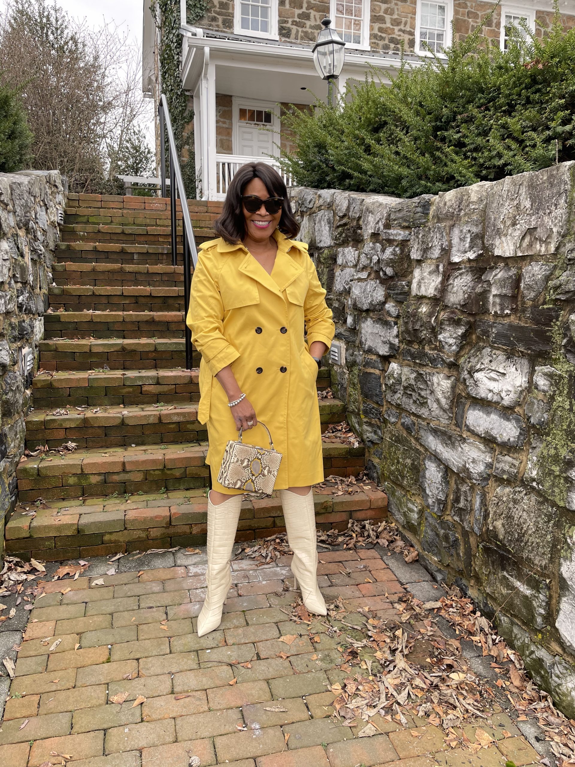 The 2021 Pantone Color of the year, Illuminating Color, I'm wearing Ann Taylor Yellow Trench Coat
