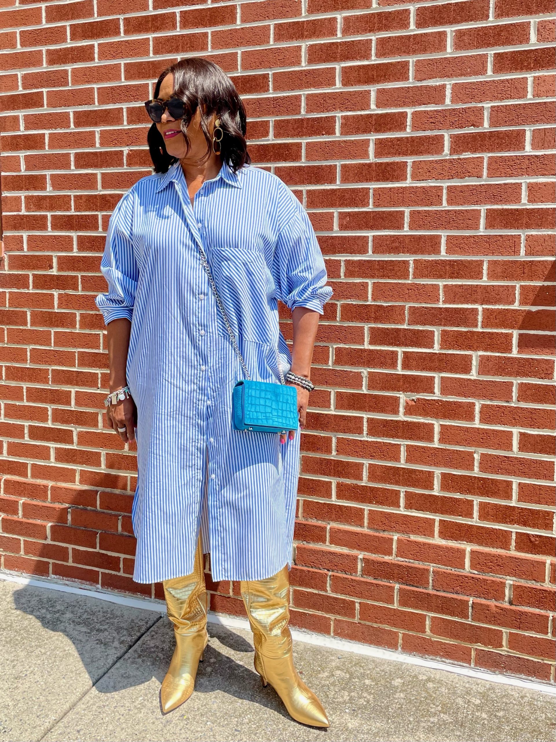 Easing Into Fall with oversized summer shirtdress and tall boots
