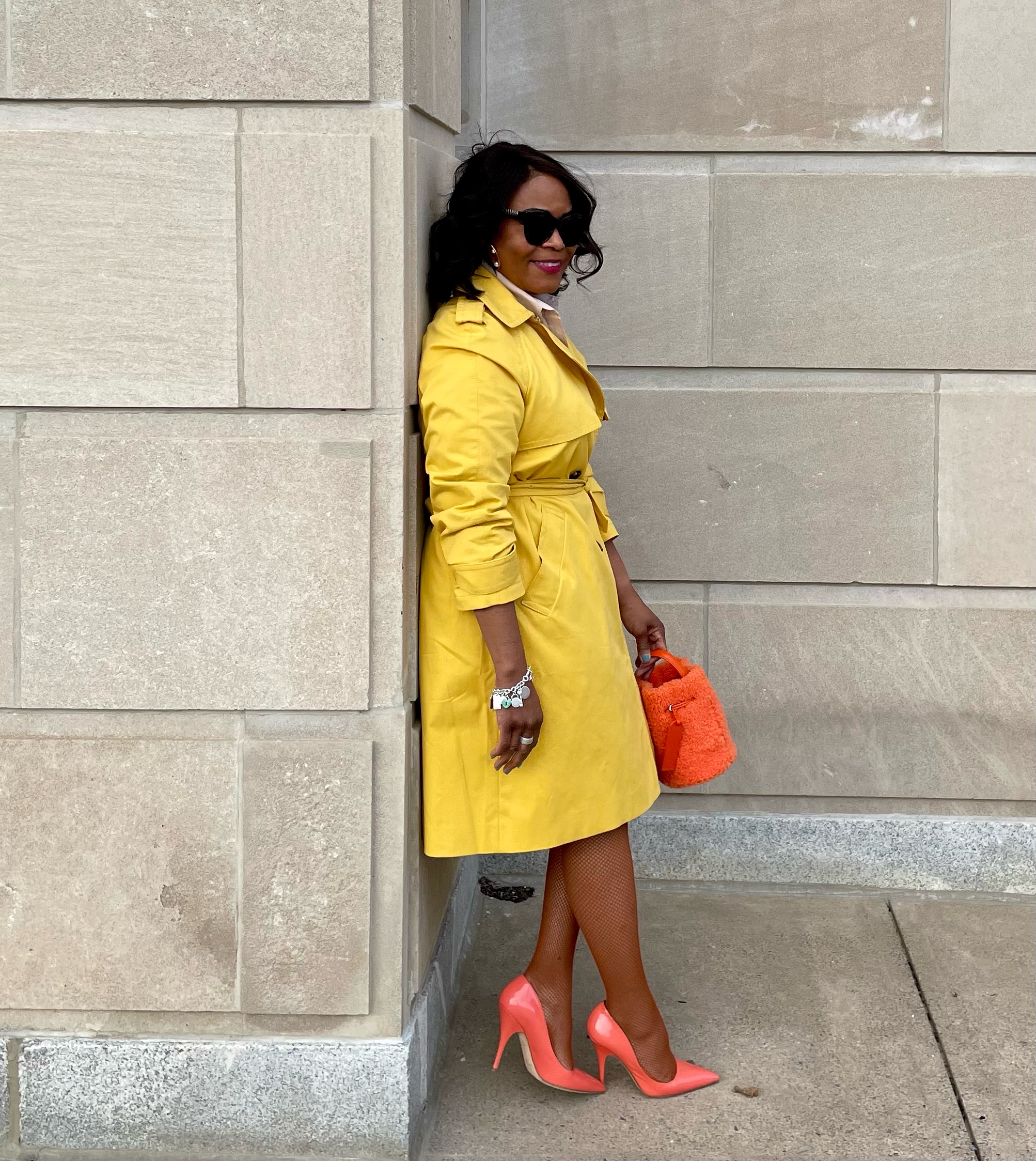 Spring Inspiration with Yellow Trench with Orange Patent Heels