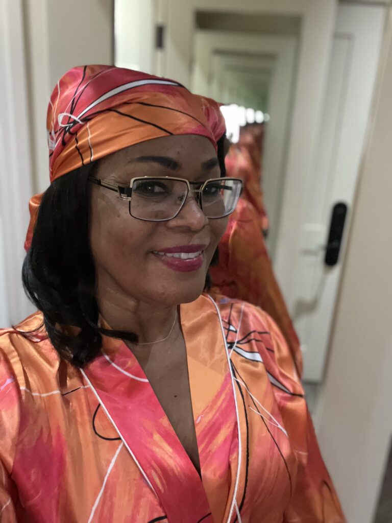 Wearing Kai Collective Head scarf and robe at the Hotel Hershey Cottages
