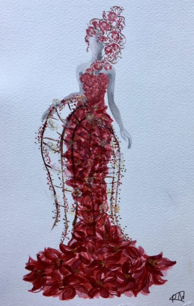 The original "Red Dress" sketch by Paige Mueller, Drexel Westphal College of Media Arts & Design