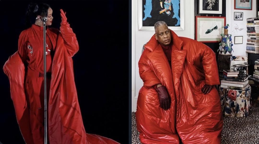 at the 2023 SuperBowl HalfTime Shpw, Rihanna paid homage to her great friend André Leon Talley wearing a red caftan similar to the Norma Kamali one owned by ALT