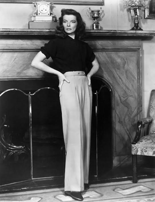 Katherine Hepburn wearing Trousers AKA Wide-Leg Pants in the 1930s.