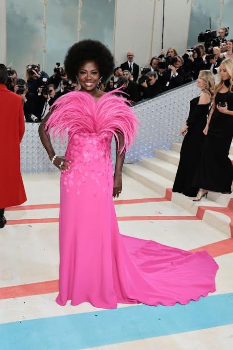 Actress Viola Davis in custom Valentino with feathers at the 2023 Met Gala Red Carpet