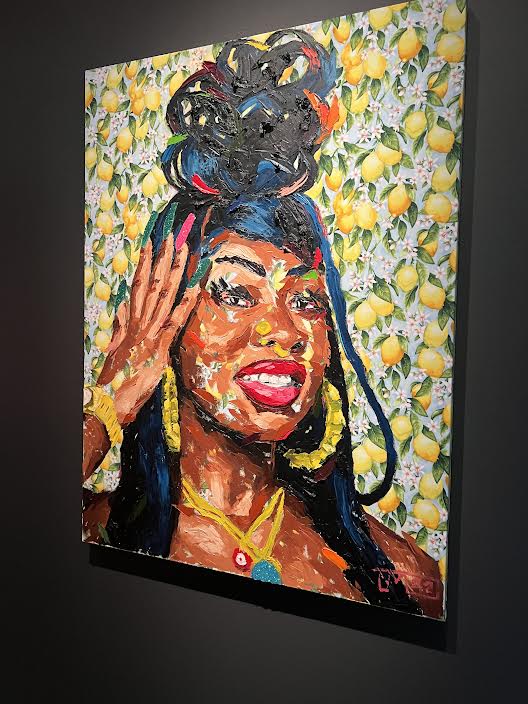 Baltimore based artist, Megan Lewis' Fresh Squeezed Lemonade oil and acrylic on fabric featured at Hip Hop exhibit