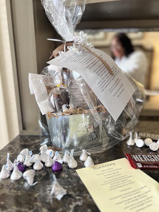Gift basket of chocolate in our complimentary room at the Hotel Hershey for the Moore vow renewal ceremony