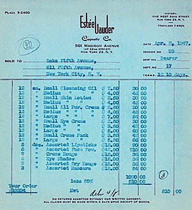 1947 Estée Lauder first invoice to Saks Fifth Avenue for $810 after a 50% discount.