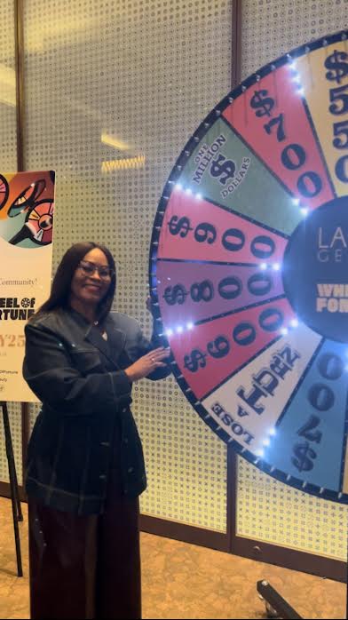 Spinning the "Wheel of Fortune" to receive a beauty prize
