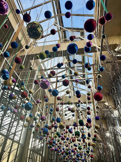 Impressive and dramatic Hanging Ornaments at Longwood Gardens retro Christmas theme