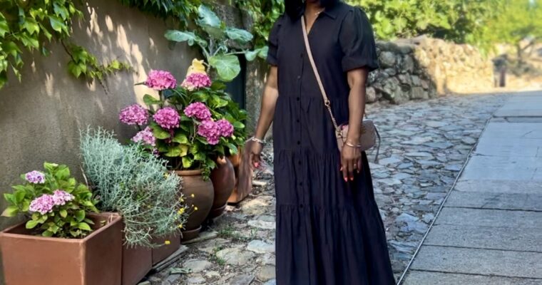 Cabelo Rodrigo, historic village in Center of Portugal. Wearing Brochu walker maxi dress with Addidas