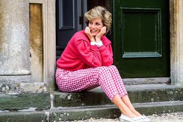 Princess Diana wearing pink and white gingham at her home