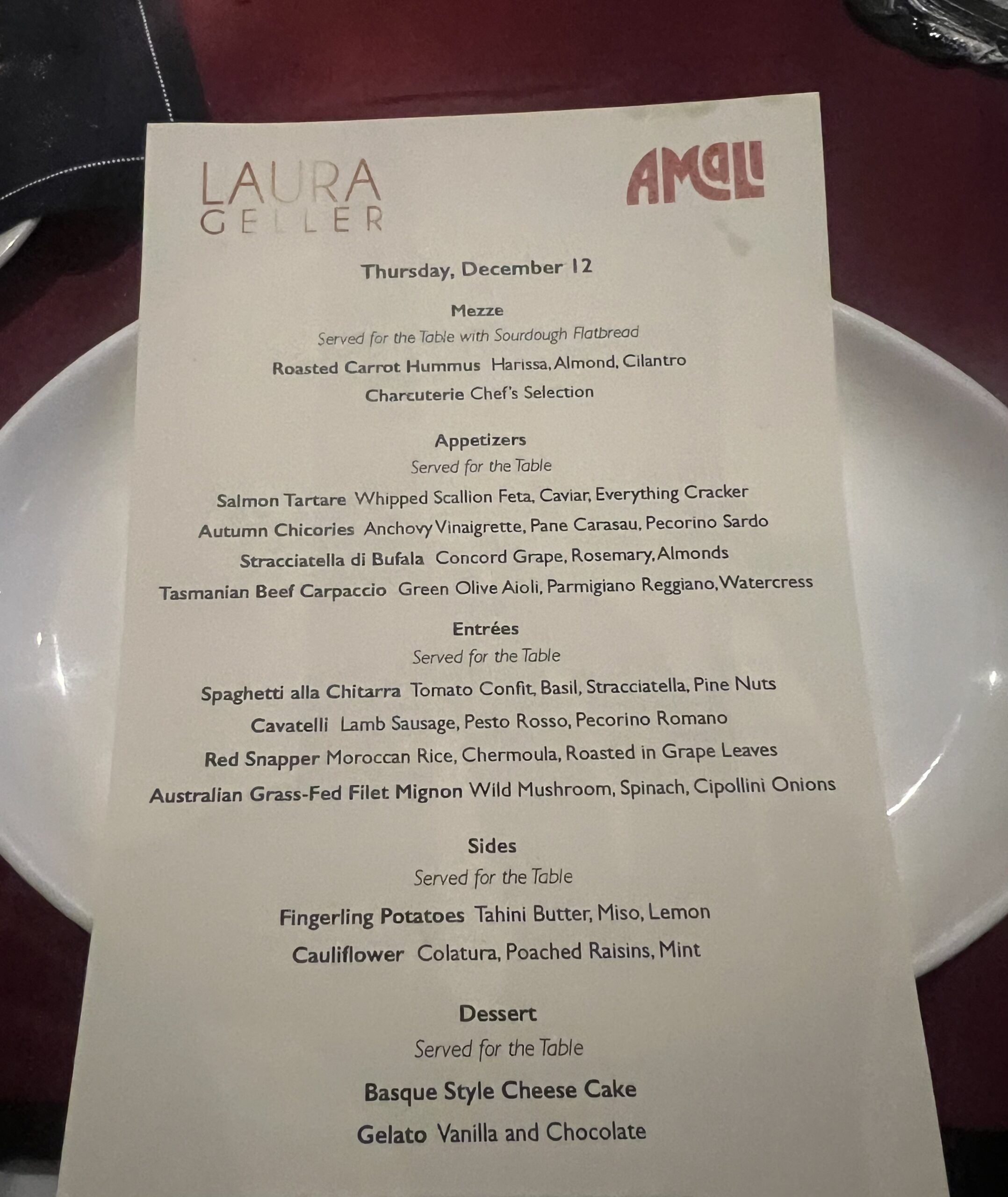 Amali NYC Laura Geller Italian Holiday DInner Menu